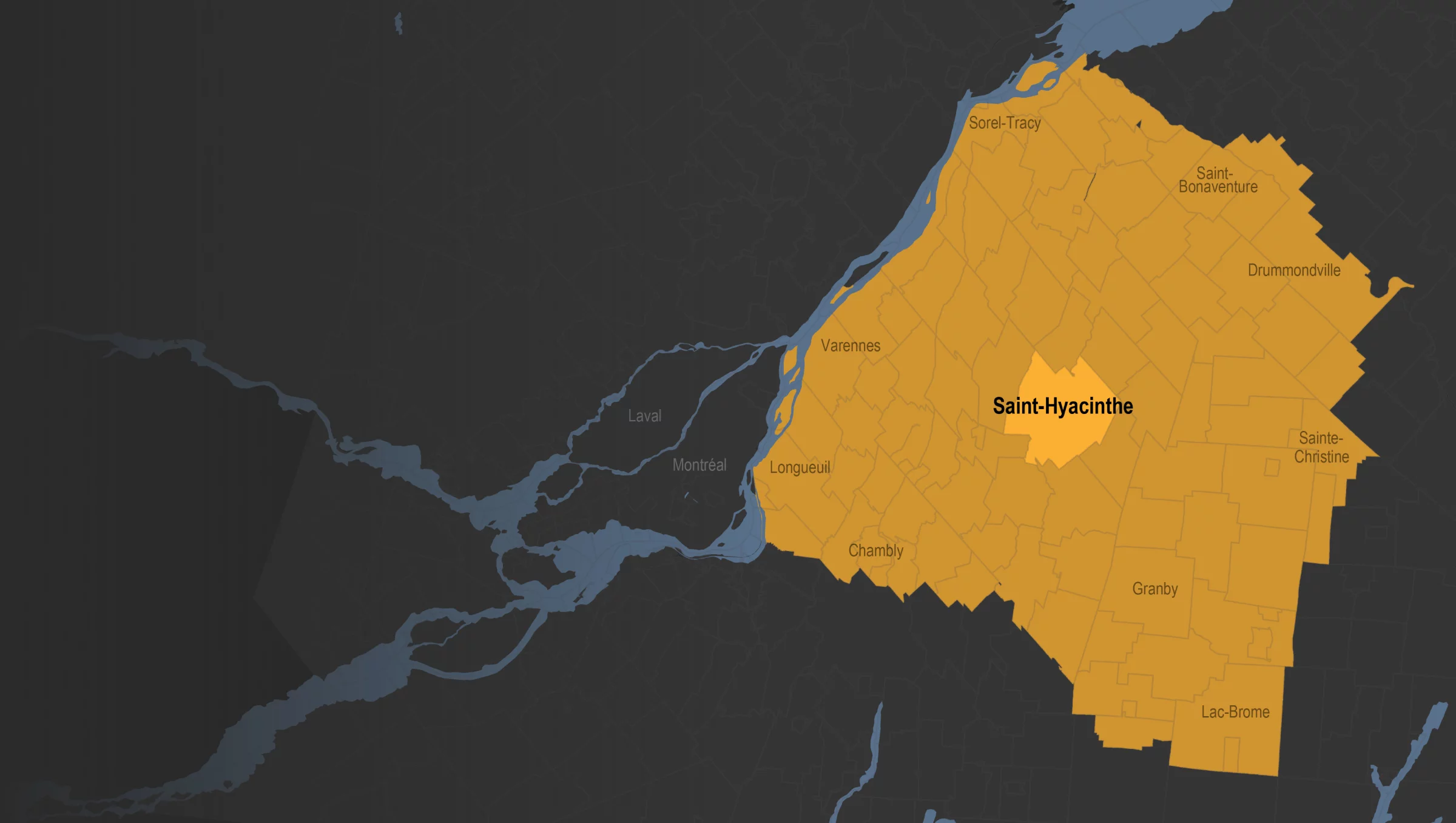 Carte des régions desservies autour de Saint-Hyacinthe en Montérégie