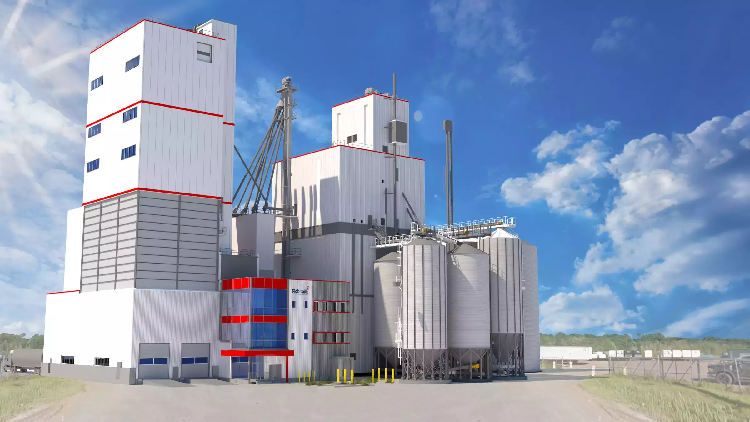 Rendu 3D d'une meunerie industrielle avec silos et tours métalliques
